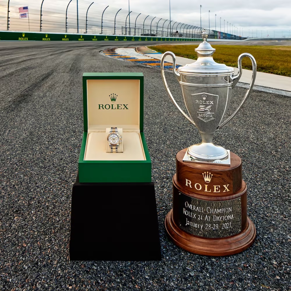 THE 2023 ROLEX 24 AT DAYTONA TROPHY AND THE ENGRAVED ROLEX OYSTER PERPETUAL COSMOGRAPH DAYTONA PRESENTED TO THE WINNERS OF THE RACE AT THE LE MANS…