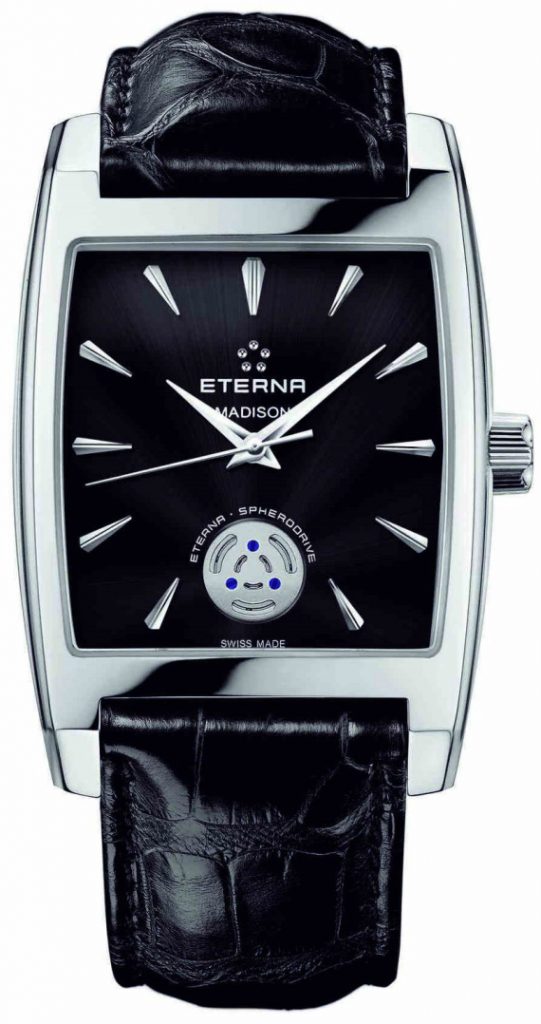 The Eterna Spherodrive caliber was housed inside a rectangular "Madison" case. 