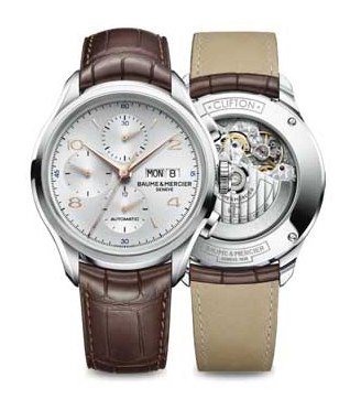 The Baume & Mercier Clifton Chronographs house ETA 7750 self-winding movements -- visible through a sapphire caseback.