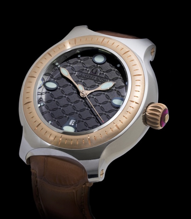 Th HH4 round watch by Geoffrey Roth Watch Engineering Collection is the largest size at 46mm. This version has an optional AlTiN coating and inlaid bezel in phosphor bronze. 