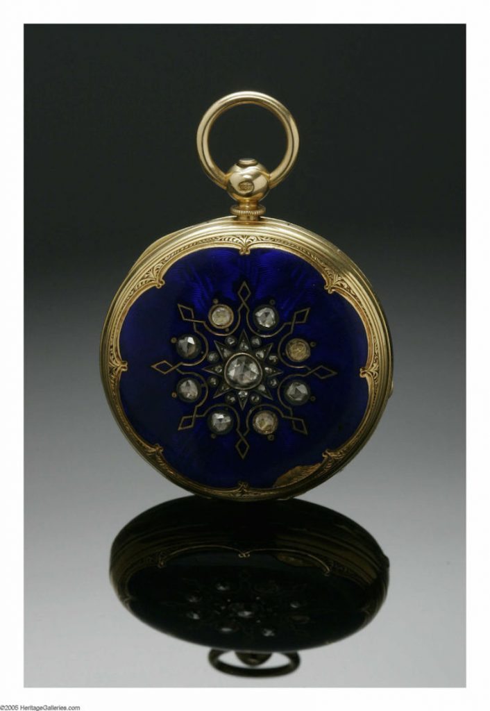 Circa 1841 gold, enamel and diamond pocket watch that Abraham Lincoln bought for Mary Todd as a wedding gift. 