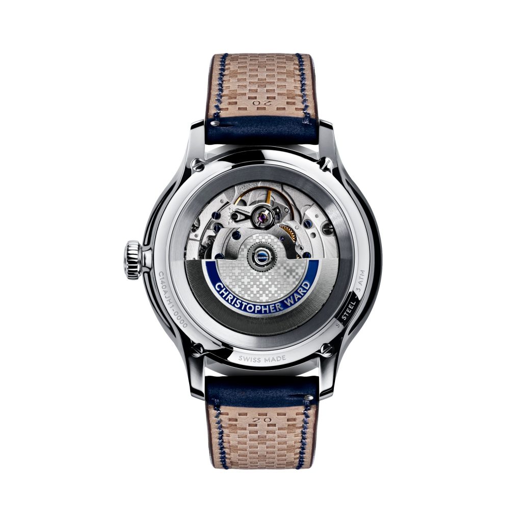 The Christopher Ward C1 Grand Malvern Jump Hour features a sapphire caseback for viewing the movement. 