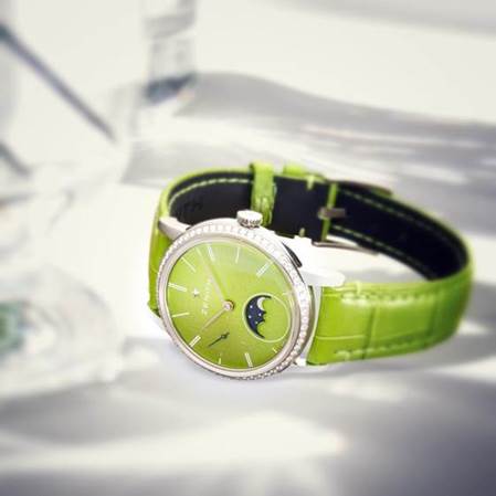 Each of the Zenith Elite Lady Moonphase watches features a lacquered dial and color-coordinated alligator strap.