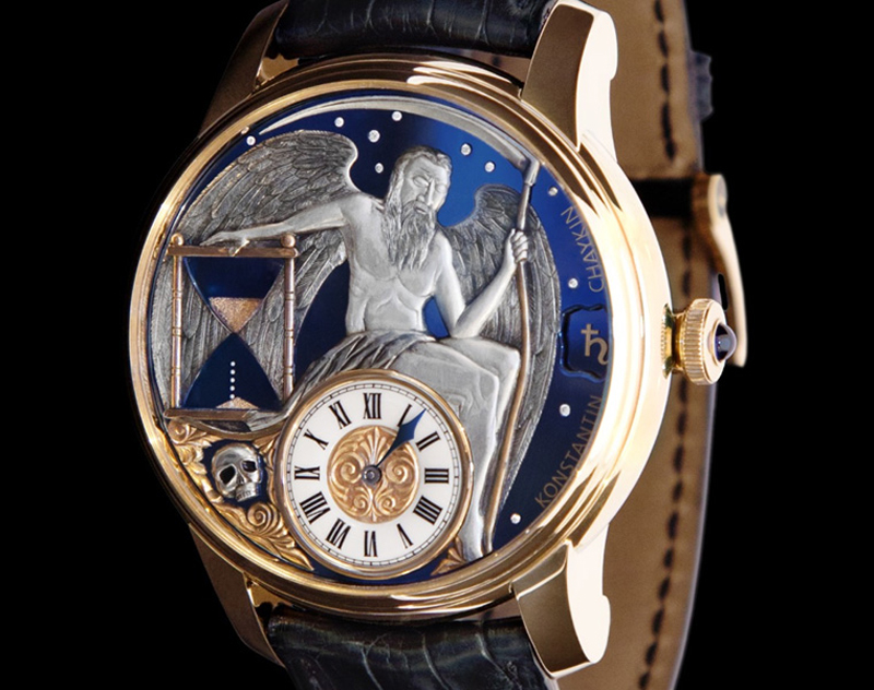 The Constantin Chaykin Carpe Diem watch features a mechanical retrograde hour glass on the dial. 