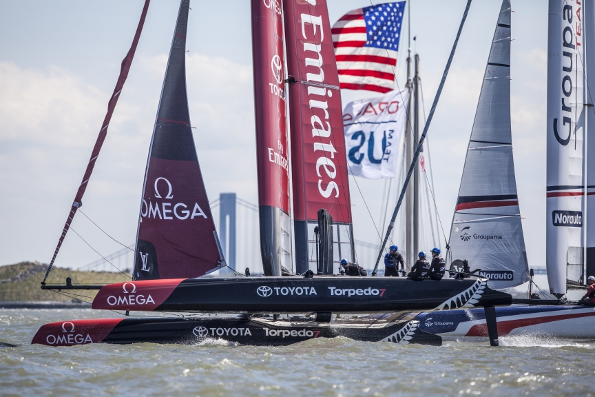 Emirates Team New Zealand win the Louis Vuitton America's Cup World Series New York on the second day of racing on the Hudson River New York.