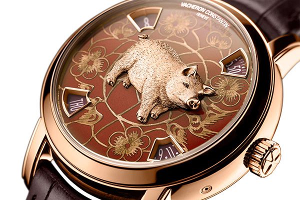 metiers-d-art-chinese-zodiac-pig-or-rose-brun Vacheron Constantin Metiers d' Art Chinese Zodiac year of the Pig watch in rose gold with sculpted pig.
