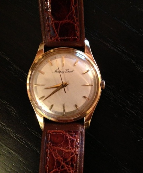 Thanks to David for sending images of this 1957 Mathey Tissot. His mom gave it to his dad when they were married. It works beautifully and David still wears it today.  