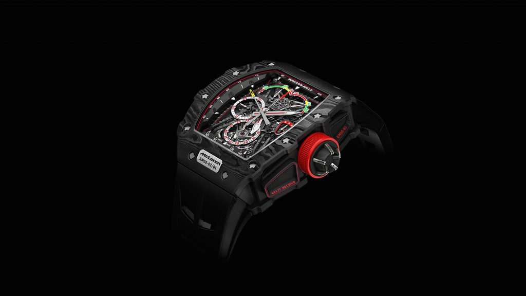 RM 50-03 Tourbillion Split Seconds Chronograph Ultralight McLaren F1, which is aligned with the McLaren Formula 1 racing team.