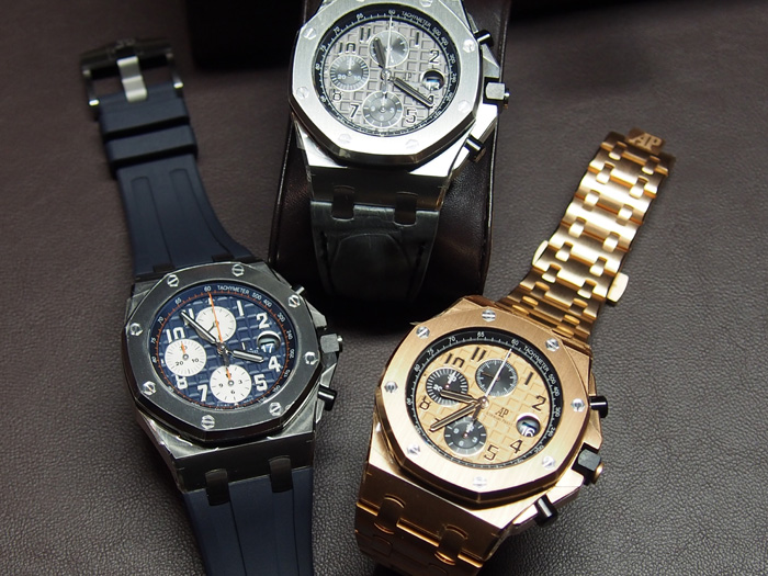 Three of the six Royal Oak Offshore 42mm Chronographs unveiled at SIHH2014.