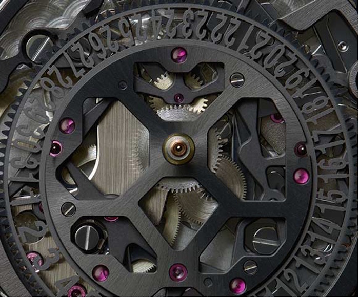 The skeletonized chronograph movement was created in cooperation with Dubois Depraz.
