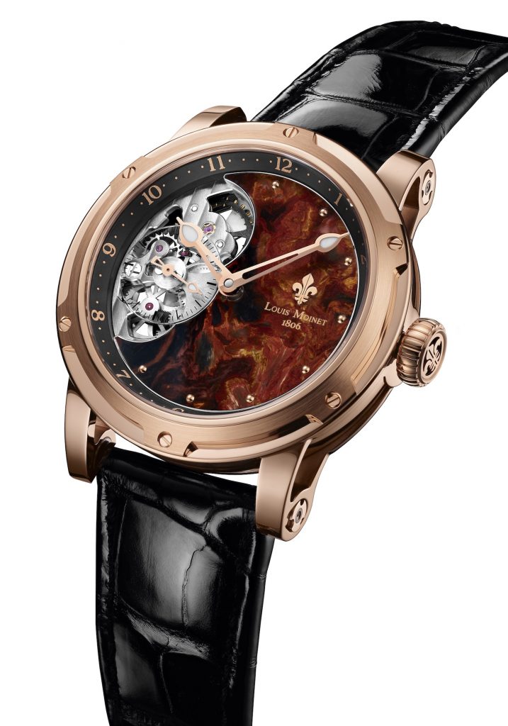 In typical Louis Moinet style, the dials of the new Moscow boutique pieces are made of rare minerals. 