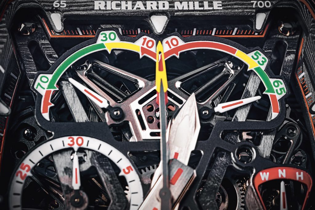 A close-up look at the dial of the Richard Mille RM 11-03 McLaren Flyback Chronograph. Photo: @Didier Gourdon.